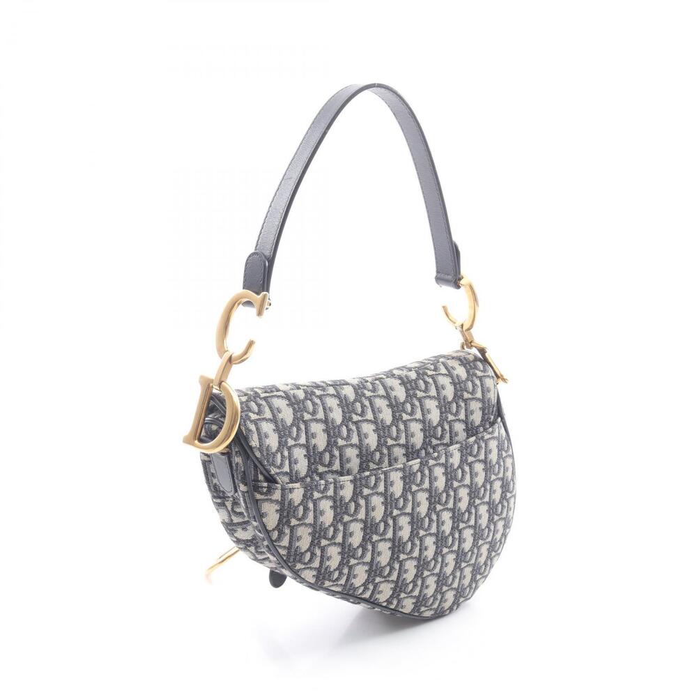 Dior Saddle Bag Oblique Jacquard Canvas Leather Handbag Ivory White Navy Blue - Picture 2 of 9
